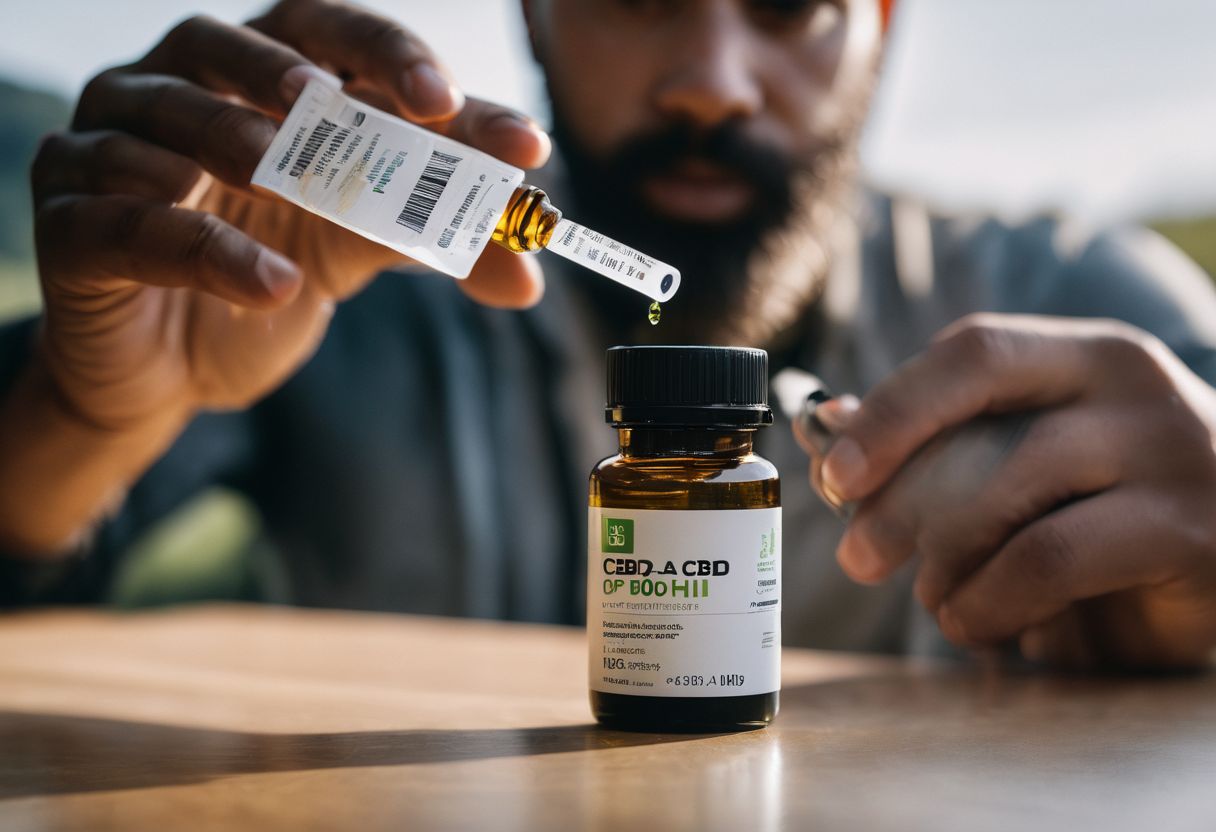 A person holds a bottle of CBD oil with a drug test strip in the background. A person holds a bottle of CBD oil with a drug test strip in the background.