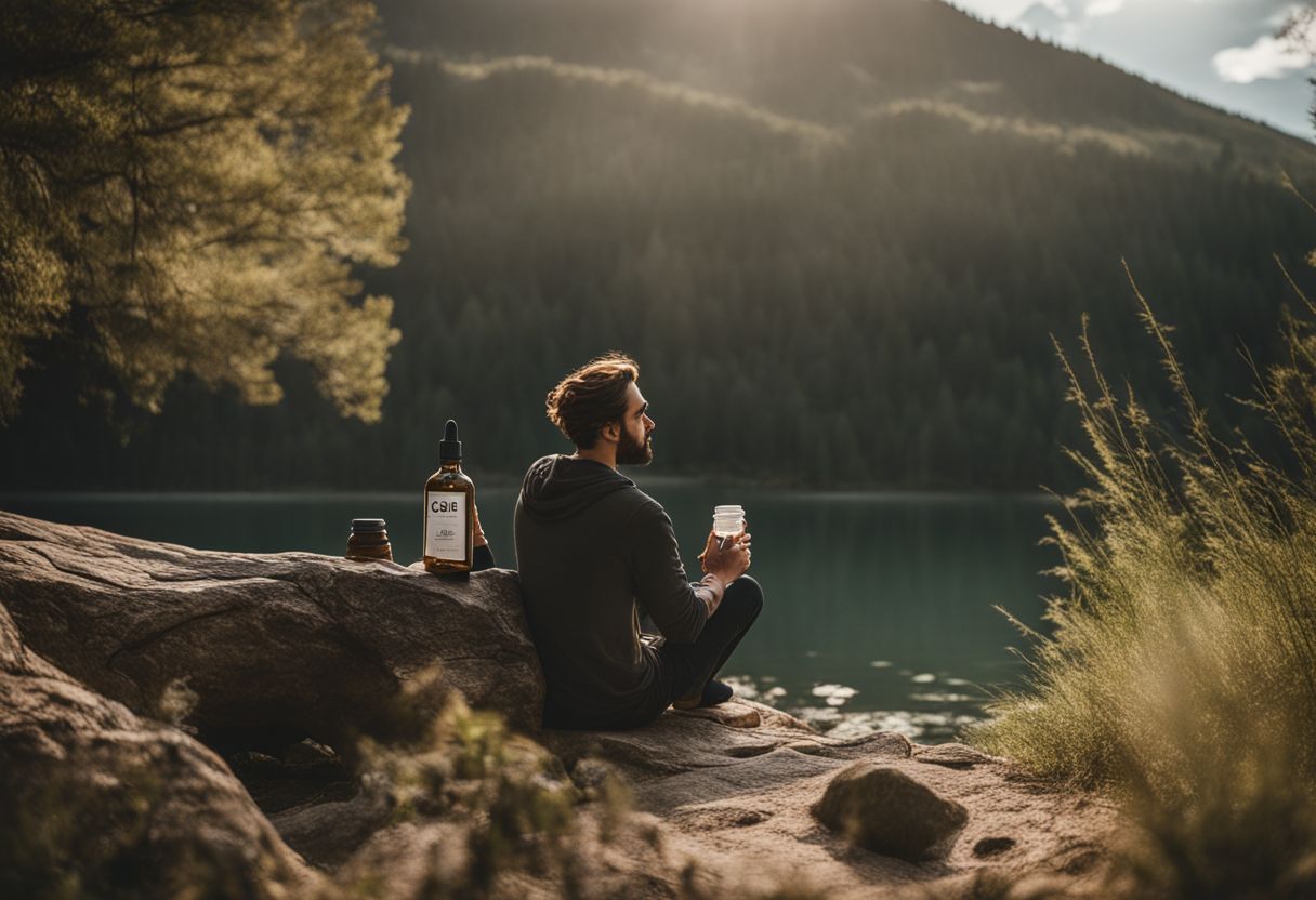A person enjoying nature with a bottle of CBD oil.