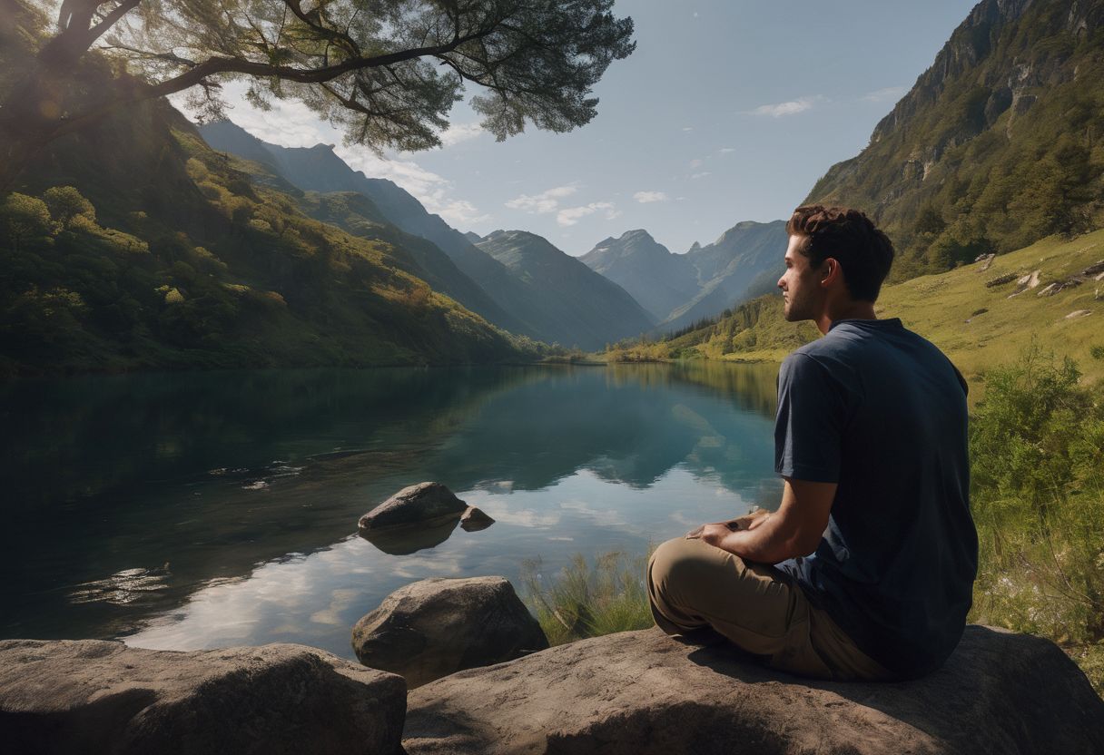 A person sitting in a peaceful natural setting surrounded by calming scenery. A person sitting in a peaceful natural setting surrounded by calming scenery.