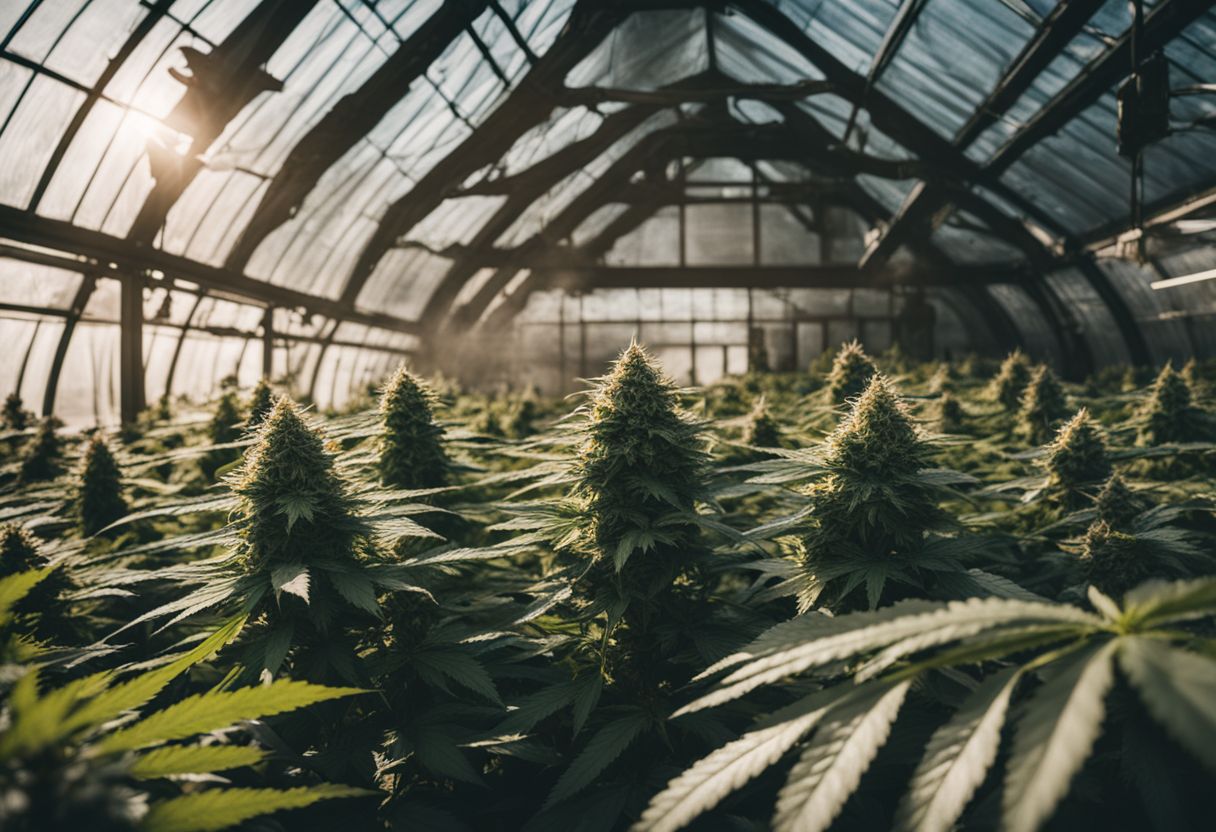A blooming cannabis plant in a bustling greenhouse captured with high-quality photography. A blooming cannabis plant in a bustling greenhouse captured with high-quality photography.