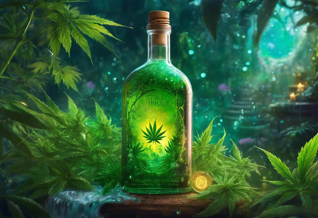 Cannabis syrup bottles surrounded by vibrant plants and dew droplets. Cannabis syrup bottles surrounded by vibrant plants and dew droplets.