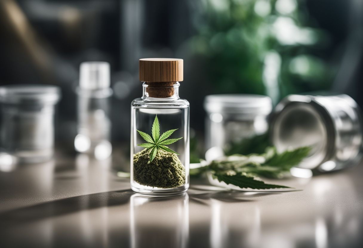 A clear glass vial filled with CBD isolate powder in a botanical laboratory. A clear glass vial filled with CBD isolate powder in a botanical laboratory.