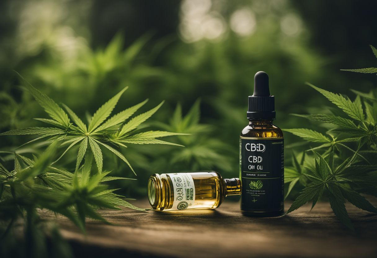 A CBD oil bottle surrounded by hemp plants in a bustling atmosphere. A CBD oil bottle surrounded by hemp plants in a bustling atmosphere.