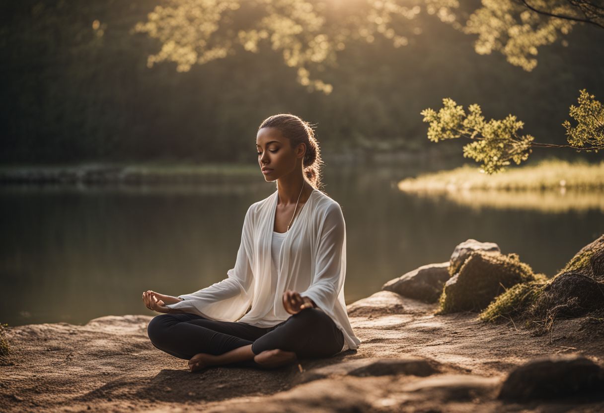 A person meditating peacefully in a serene natural setting. A person meditating peacefully in a serene natural setting.