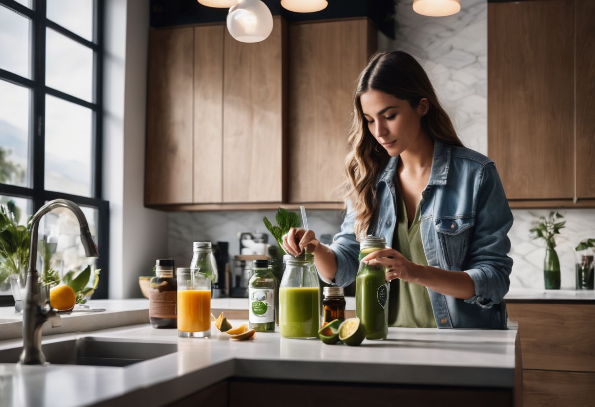 A person adding CBD oil to a smoothie in a modern kitchen. A person adding CBD oil to a smoothie in a modern kitchen.