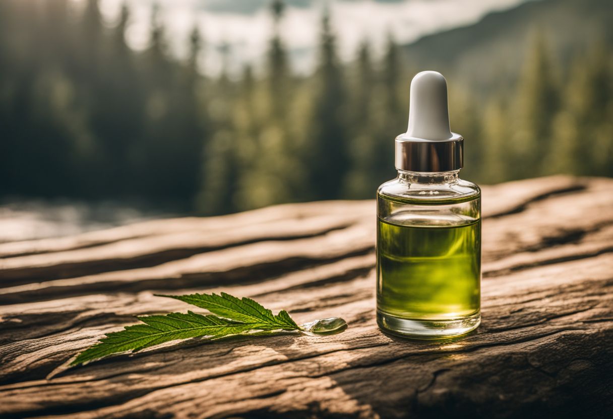 A photo of CBD oil dropper bottle in a natural setting. A photo of CBD oil dropper bottle in a natural setting.