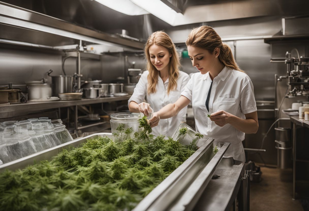 High-CBD cannabis plants being processed into oil in a well-organized kitchen. High-CBD cannabis plants being processed into oil in a well-organized kitchen.