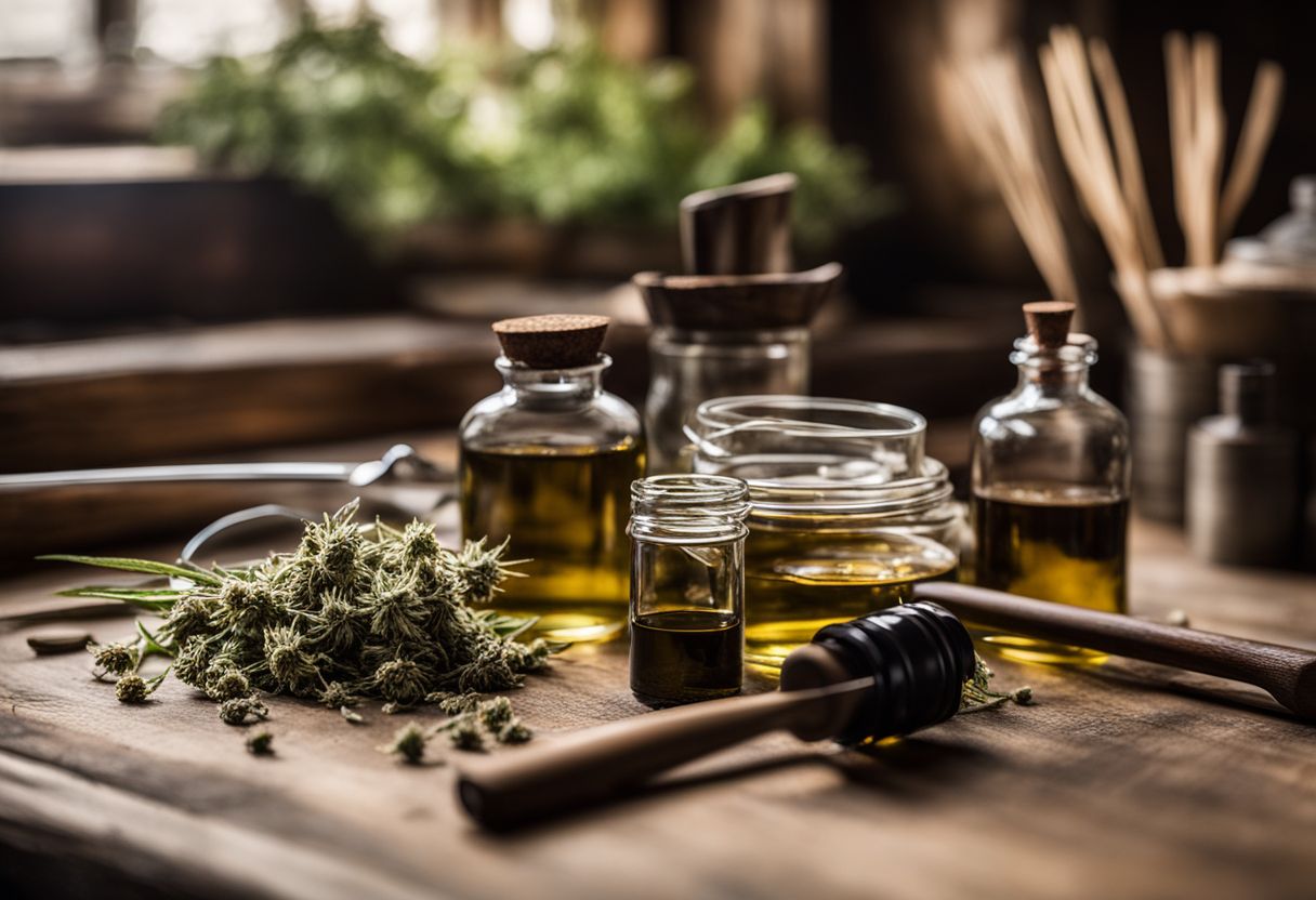 A photo of hemp flower and extraction tools on a kitchen counter. A photo of hemp flower and extraction tools on a kitchen counter.