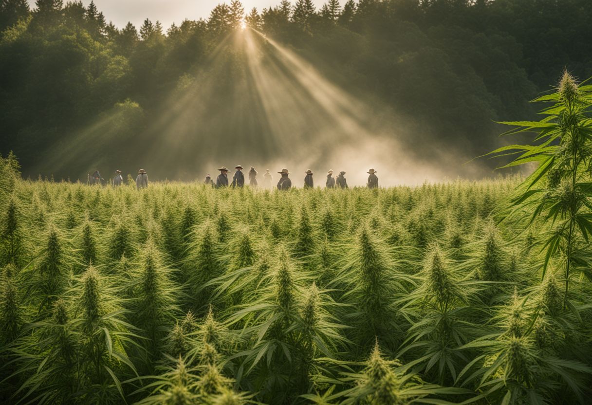 A field of mature hemp plants with diverse people and faces.