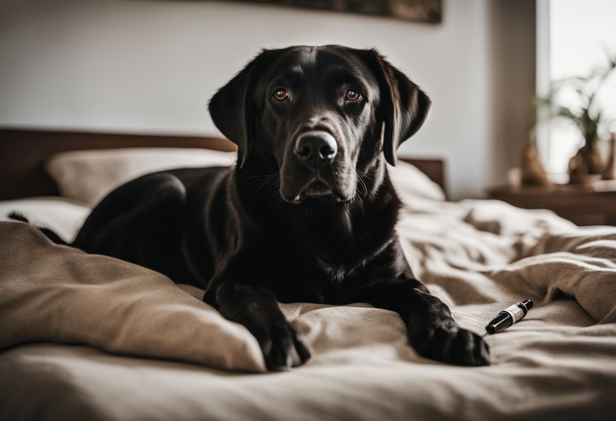 A Labrador receiving CBD oil on a cozy bed in a bustling atmosphere.