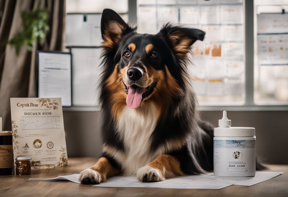 A happy dog sits next to a dosage chart surrounded by pet-friendly items.