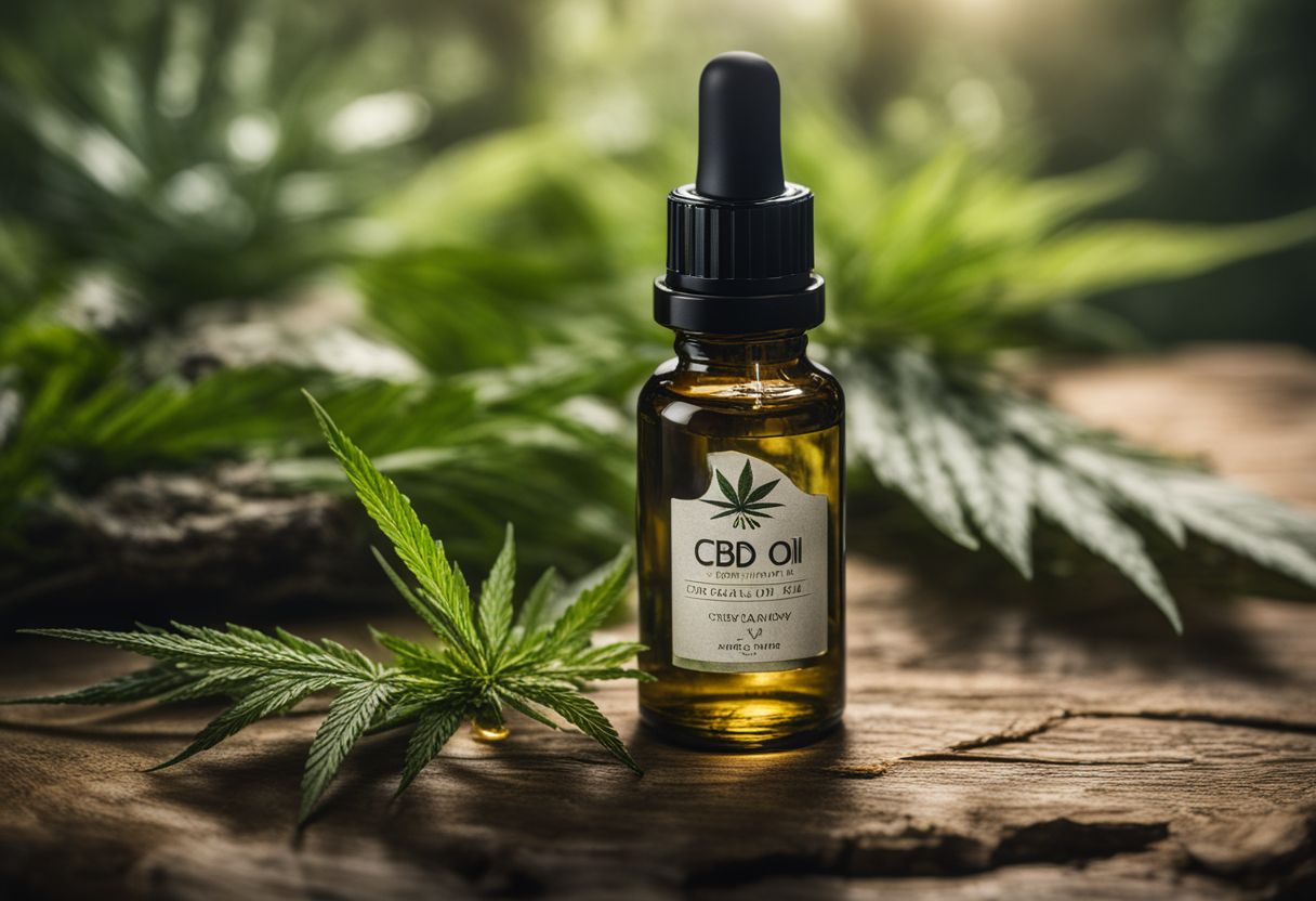 A photo of CBD oil bottle and dropper surrounded by natural elements. A photo of CBD oil bottle and dropper surrounded by natural elements.