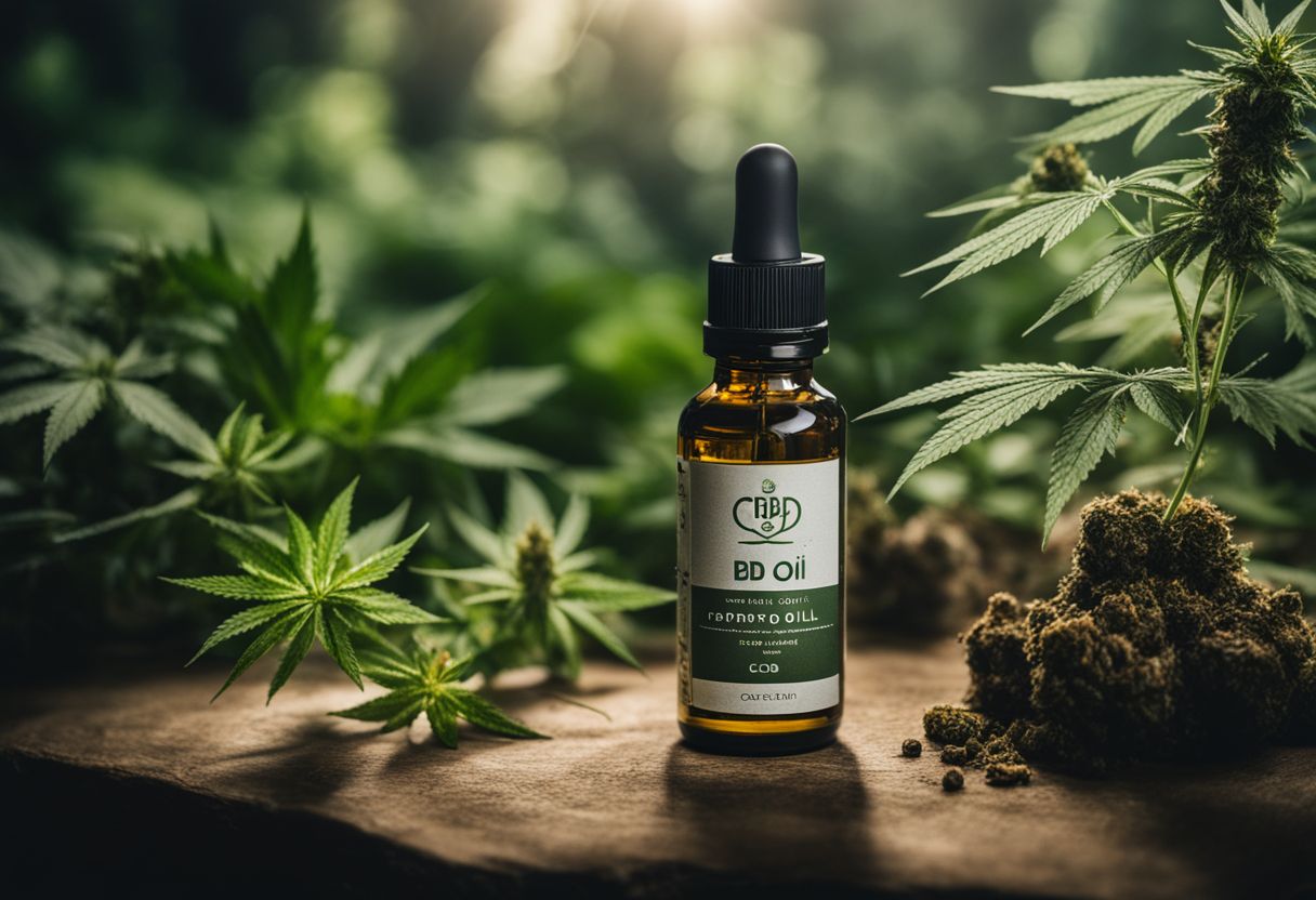 A dropper bottle of CBD oil surrounded by cannabis plants in a bustling atmosphere. A dropper bottle of CBD oil surrounded by cannabis plants in a bustling atmosphere.