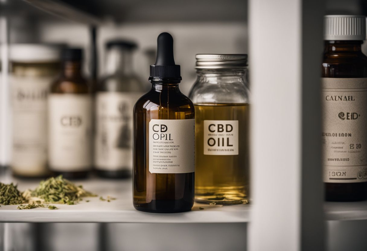 An open bottle of CBD oil on a shelf in a pantry. An open bottle of CBD oil on a shelf in a pantry.
