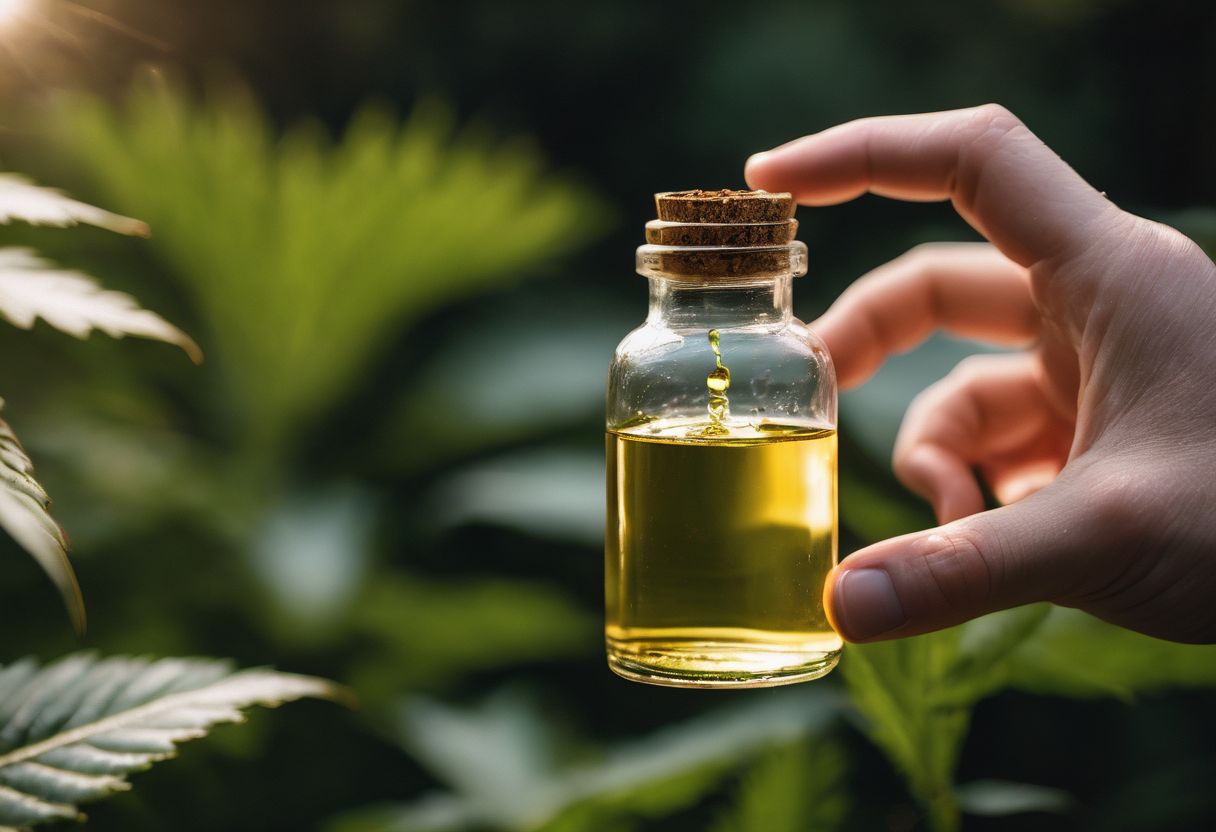 A person holding a bottle of CBD oil in a natural setting. A person holding a bottle of CBD oil in a natural setting.