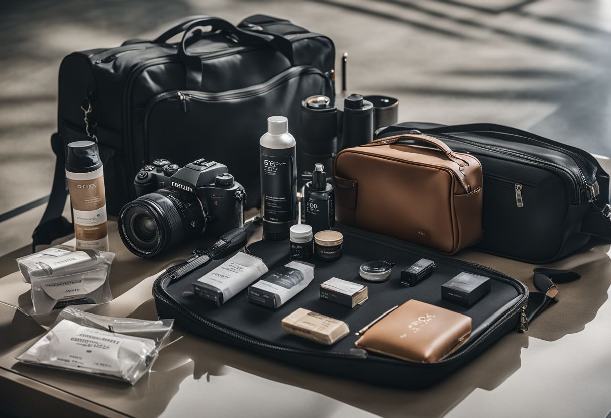 A neatly packed travel bag with CBD products surrounded by TSA security equipment and diverse travelers. A neatly packed travel bag with CBD products surrounded by TSA security equipment and diverse travelers.