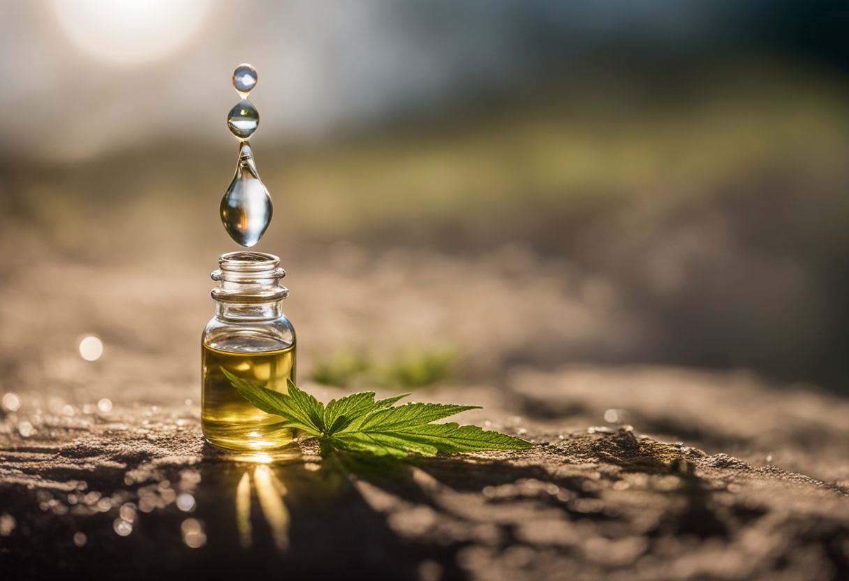 A droplet of CBD oil with natural background in nature photography. A droplet of CBD oil with natural background in nature photography.