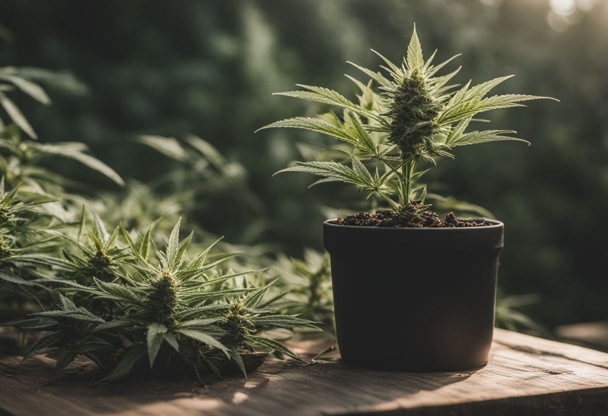 A CBD plant grows alongside a THC plant in a natural setting.