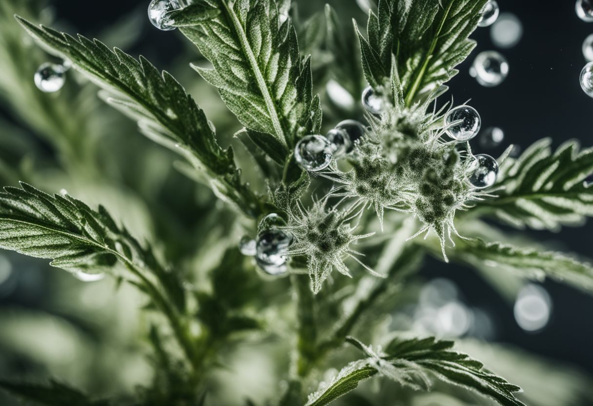 A close-up photo of CBD and THC molecules in cannabis plants.