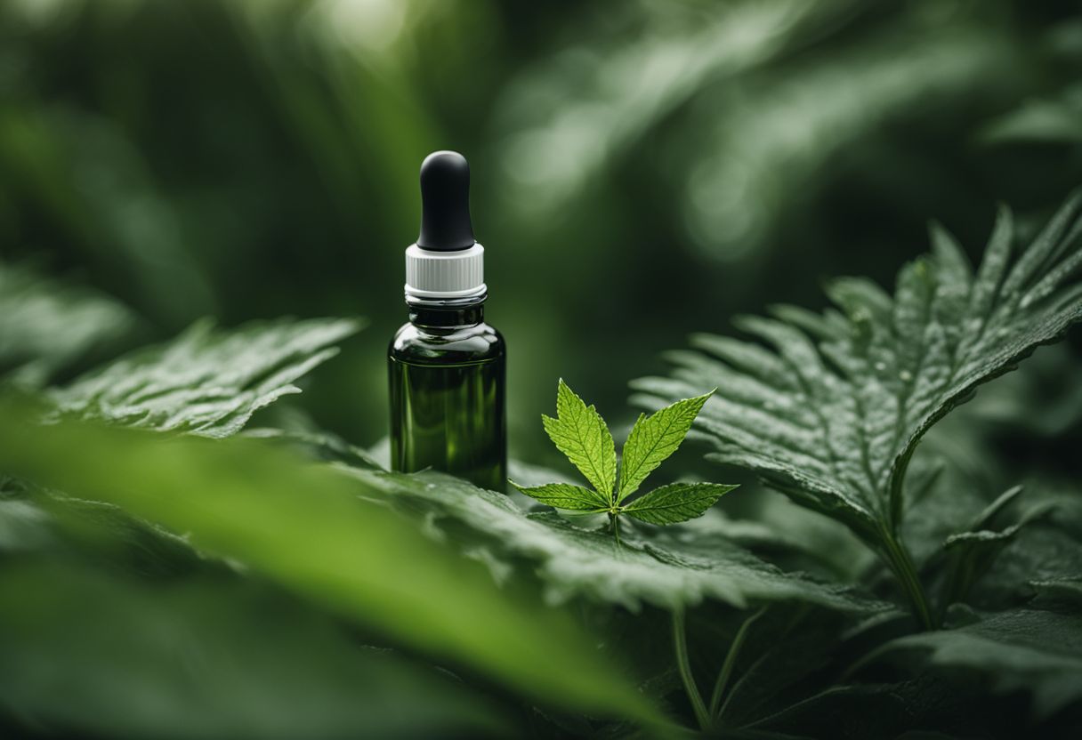 A photo of CBD oil dropper on a bed of green leaves. A photo of CBD oil dropper on a bed of green leaves.