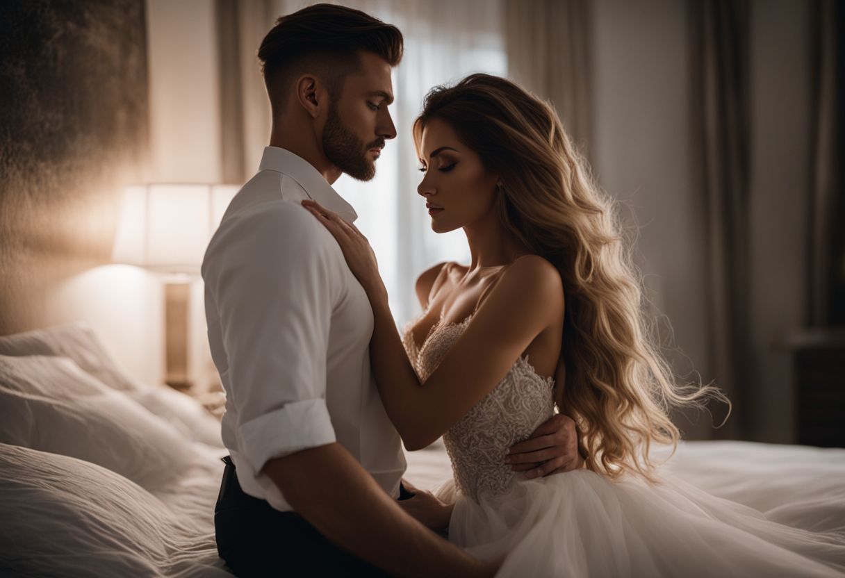 A couple embracing in a dimly lit bedroom, captured in nature. A couple embracing in a dimly lit bedroom, captured in nature.