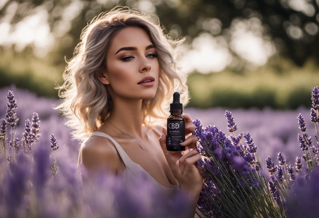 A field of blooming lavender with a bottle of CBD oil. A field of blooming lavender with a bottle of CBD oil.