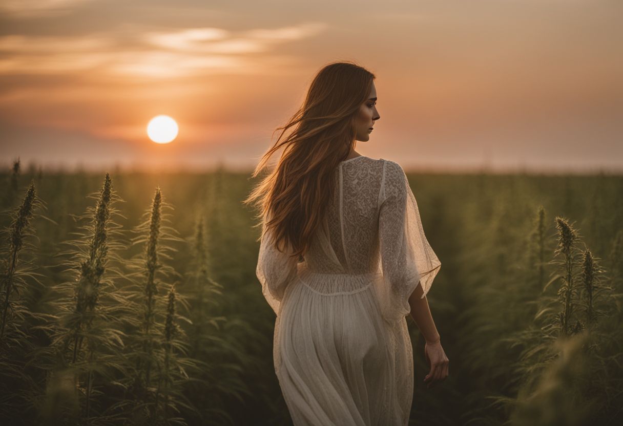 A person peacefully walks through a serene hemp field at sunset. A person peacefully walks through a serene hemp field at sunset.