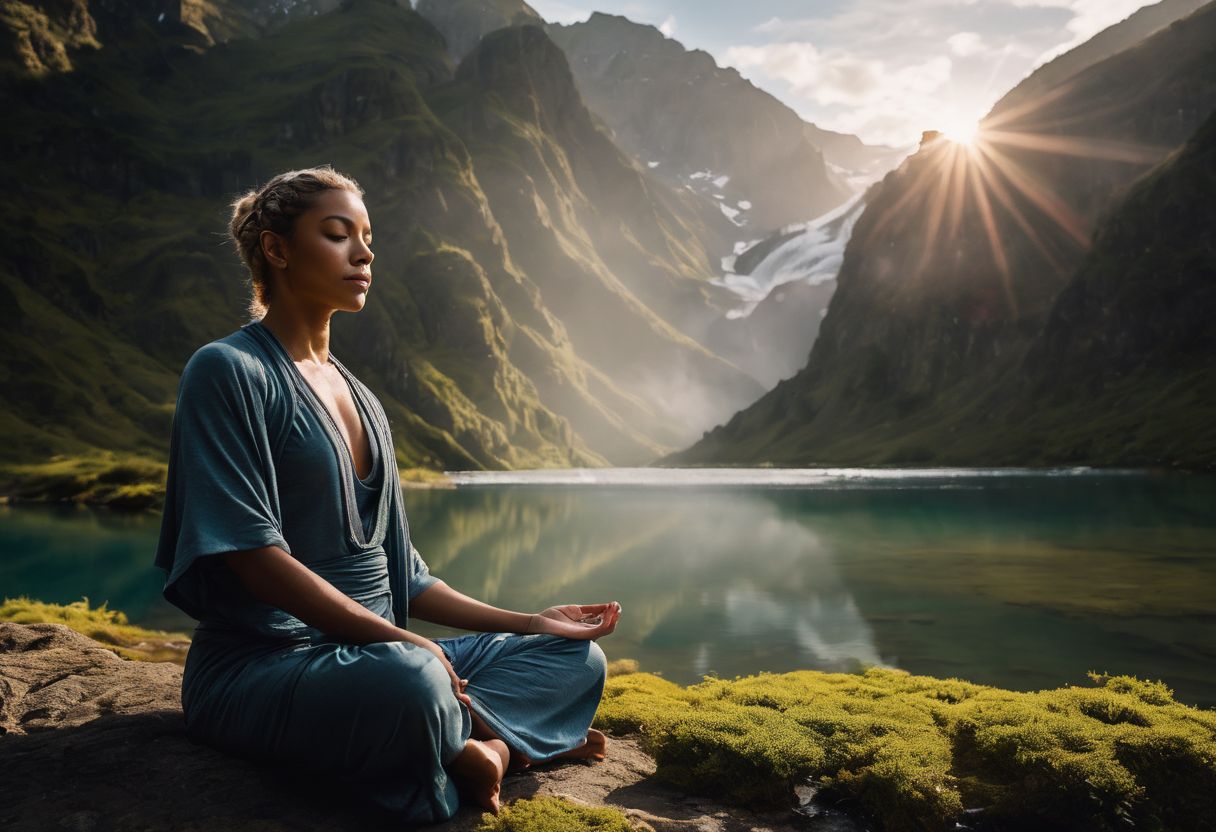 A person meditating in a peaceful natural setting surrounded by calming elements. A person meditating in a peaceful natural setting surrounded by calming elements.
