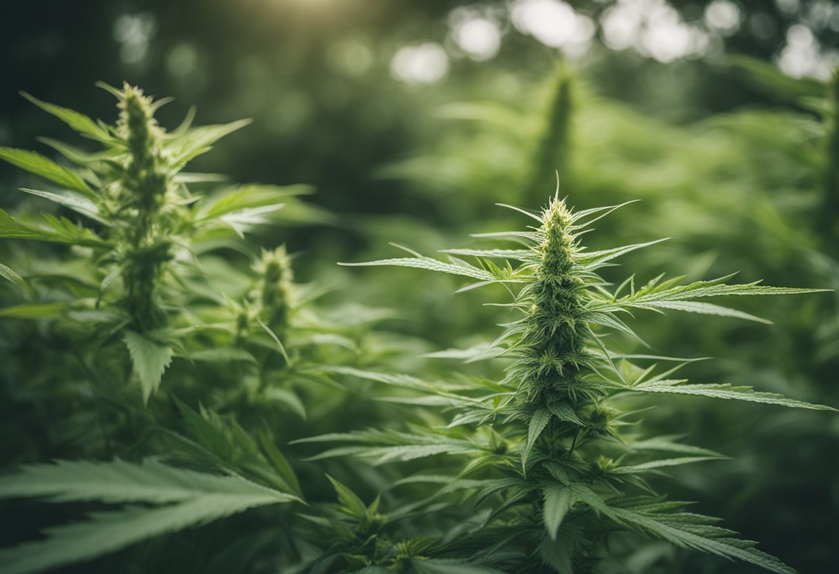 A close-up photo of a lush green hemp plant in a botanical garden.