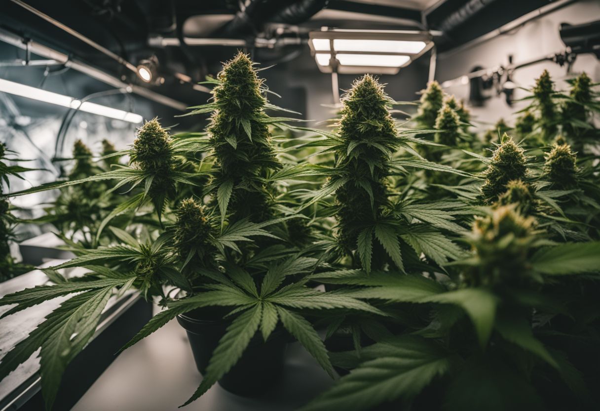 A cannabis plant surrounded by scientific equipment and diverse faces. A cannabis plant surrounded by scientific equipment and diverse faces.