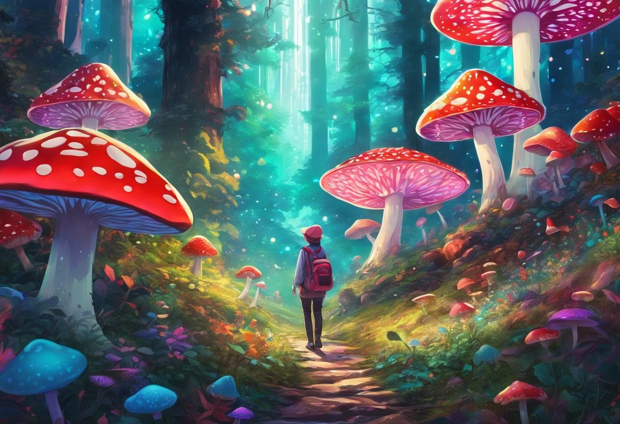A person enjoying psychedelic gummies in a vibrant forest setting. A person enjoying psychedelic gummies in a vibrant forest setting.