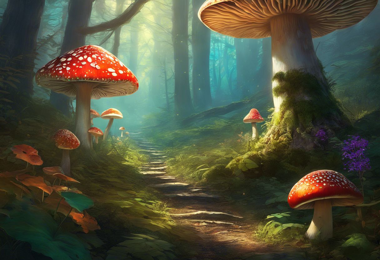 A tranquil forest with vibrant Amanita mushrooms growing naturally. A tranquil forest with vibrant Amanita mushrooms growing naturally.