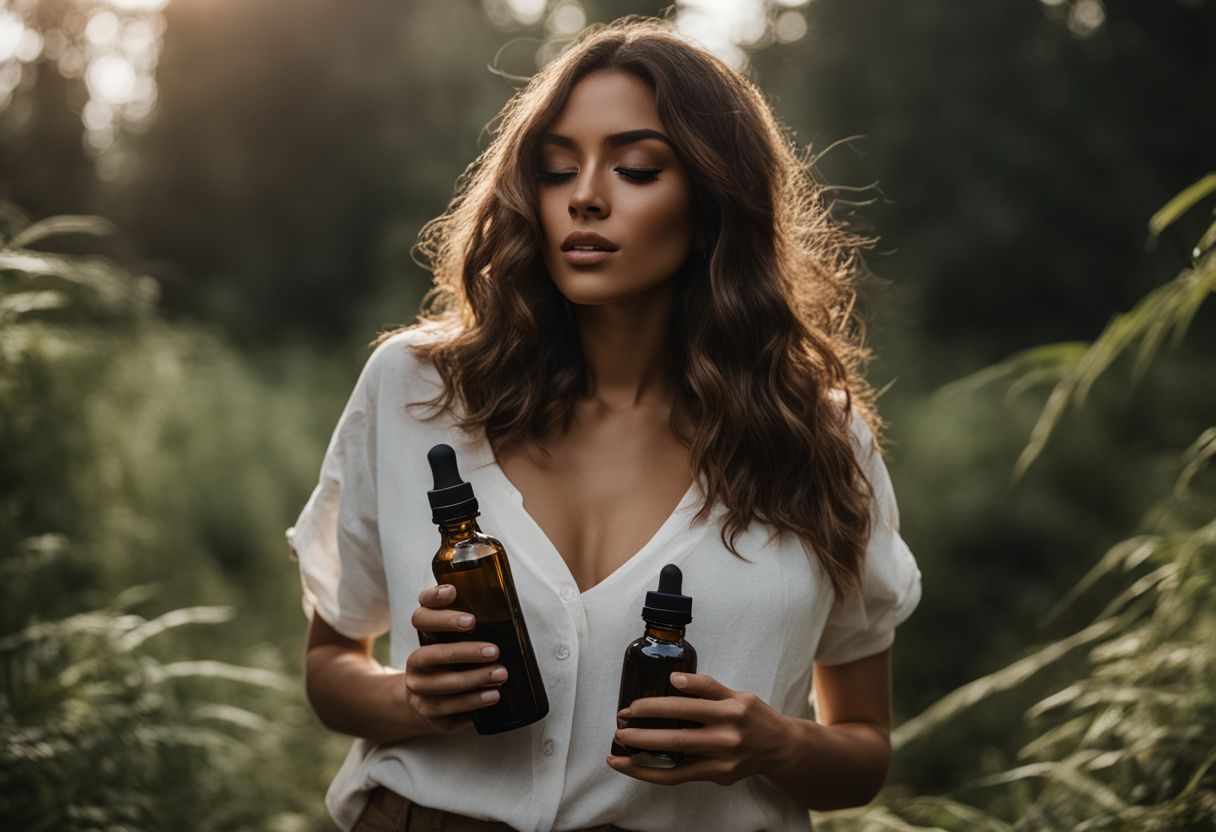 A person holding CBD oil bottle in nature with various outfits. A person holding CBD oil bottle in nature with various outfits.