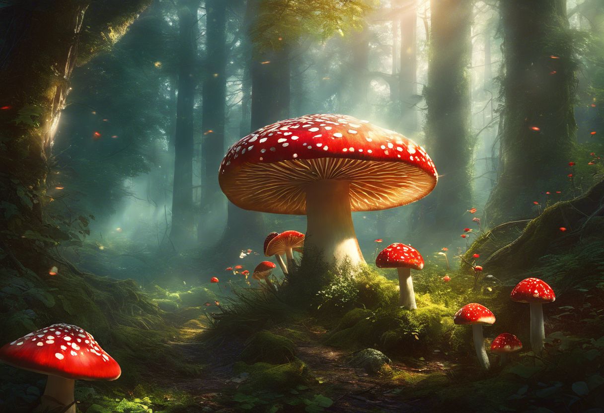 A forest with vibrant Amanita Muscaria mushrooms creating a magical atmosphere. A forest with vibrant Amanita Muscaria mushrooms creating a magical atmosphere.