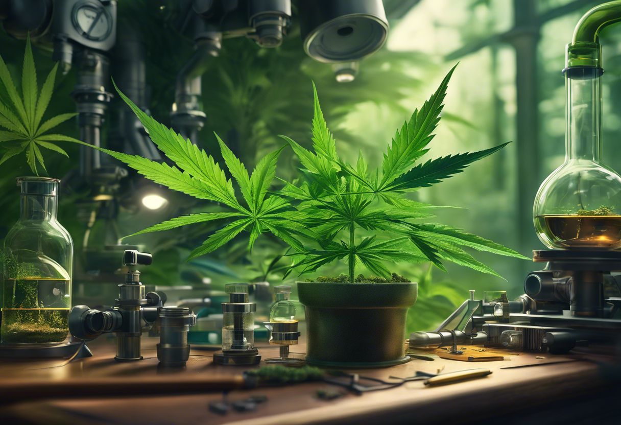 A close-up of a cannabis plant surrounded by scientific research equipment. A close-up of a cannabis plant surrounded by scientific research equipment.