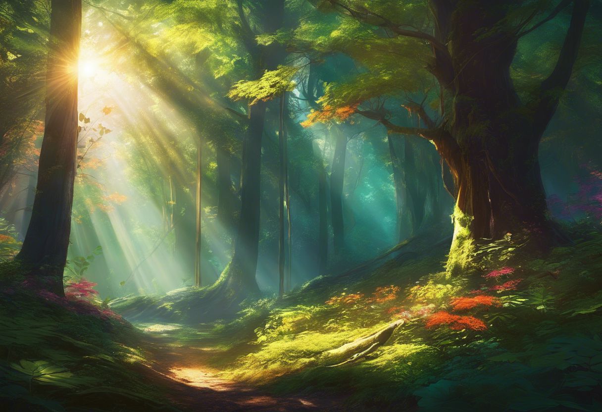 A serene forest with vibrant colors and peaceful atmosphere. A serene forest with vibrant colors and peaceful atmosphere.