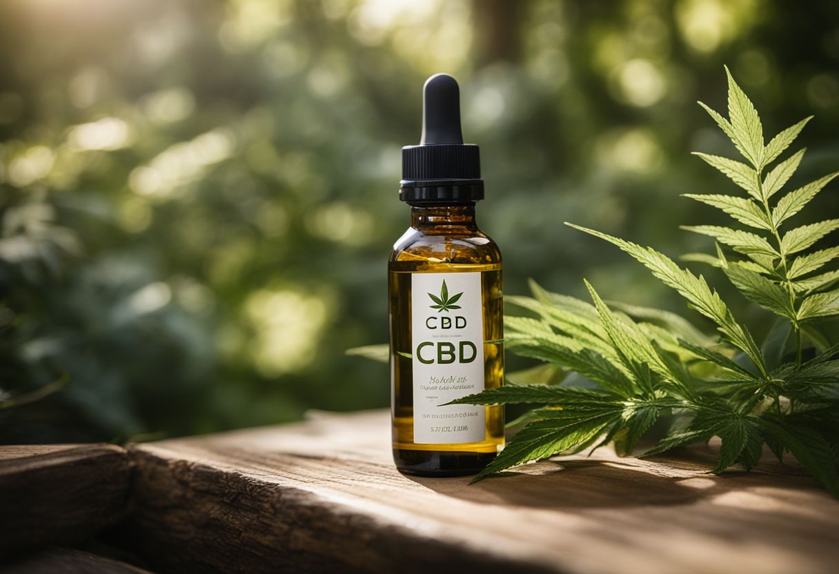 A bottle of CBD oil on a wooden table in a garden. A bottle of CBD oil on a wooden table in a garden.