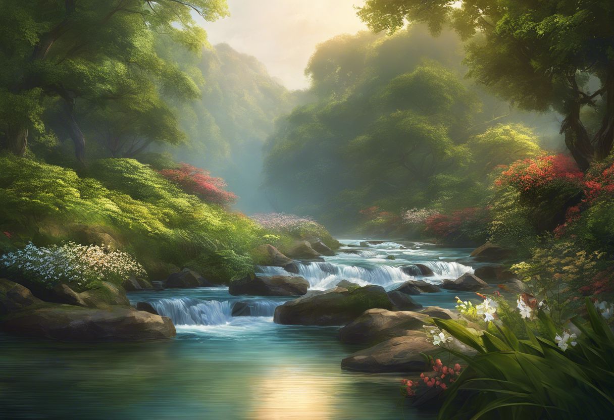 A peaceful nature scene with a flowing river and lush greenery. A peaceful nature scene with a flowing river and lush greenery.