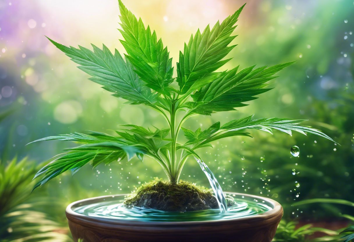 A marijuana plant being watered in a tranquil botanical garden. A marijuana plant being watered in a tranquil botanical garden.