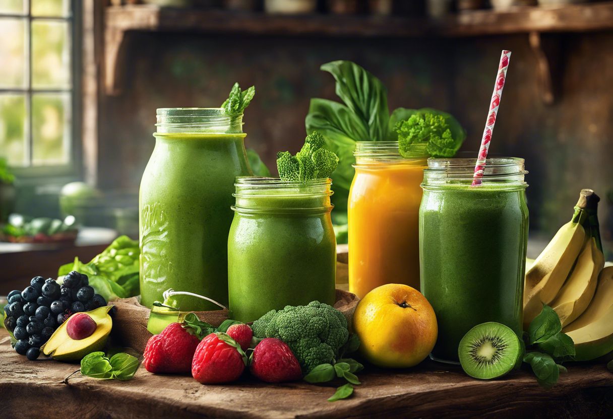 Fresh green smoothies and detox ingredients in rustic kitchen setting. Fresh green smoothies and detox ingredients in rustic kitchen setting.