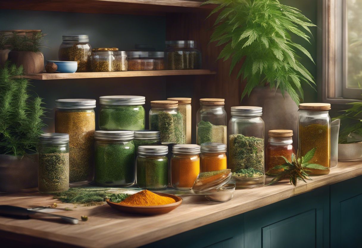 A variety of cannabis products displayed on a kitchen counter. A variety of cannabis products displayed on a kitchen counter.