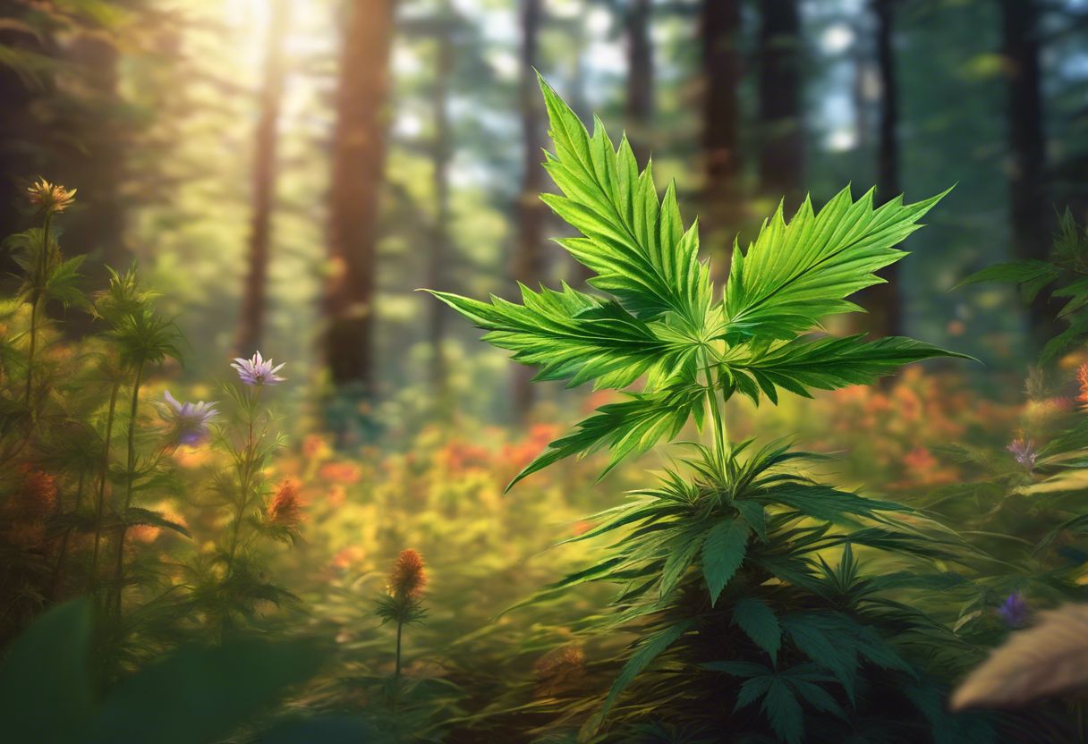 A cannabis plant grows in a peaceful forest clearing with wildflowers. A cannabis plant grows in a peaceful forest clearing with wildflowers.