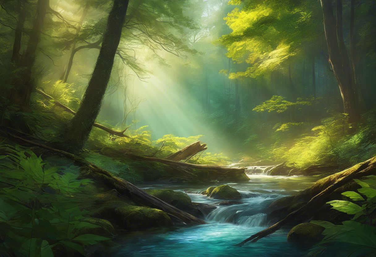 A peaceful forest filled with lush greenery and a flowing stream. A peaceful forest filled with lush greenery and a flowing stream.