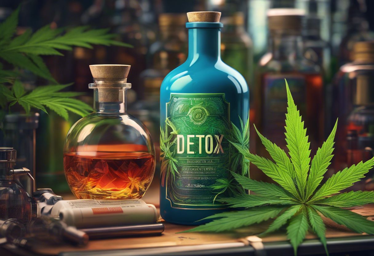 Detox drink bottle surrounded by scientific equipment and cannabis leaves. Detox drink bottle surrounded by scientific equipment and cannabis leaves.