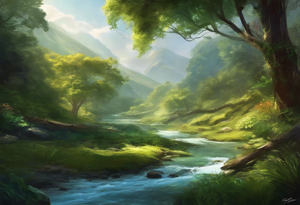 A tranquil nature scene with a flowing stream and lush greenery. A tranquil nature scene with a flowing stream and lush greenery.