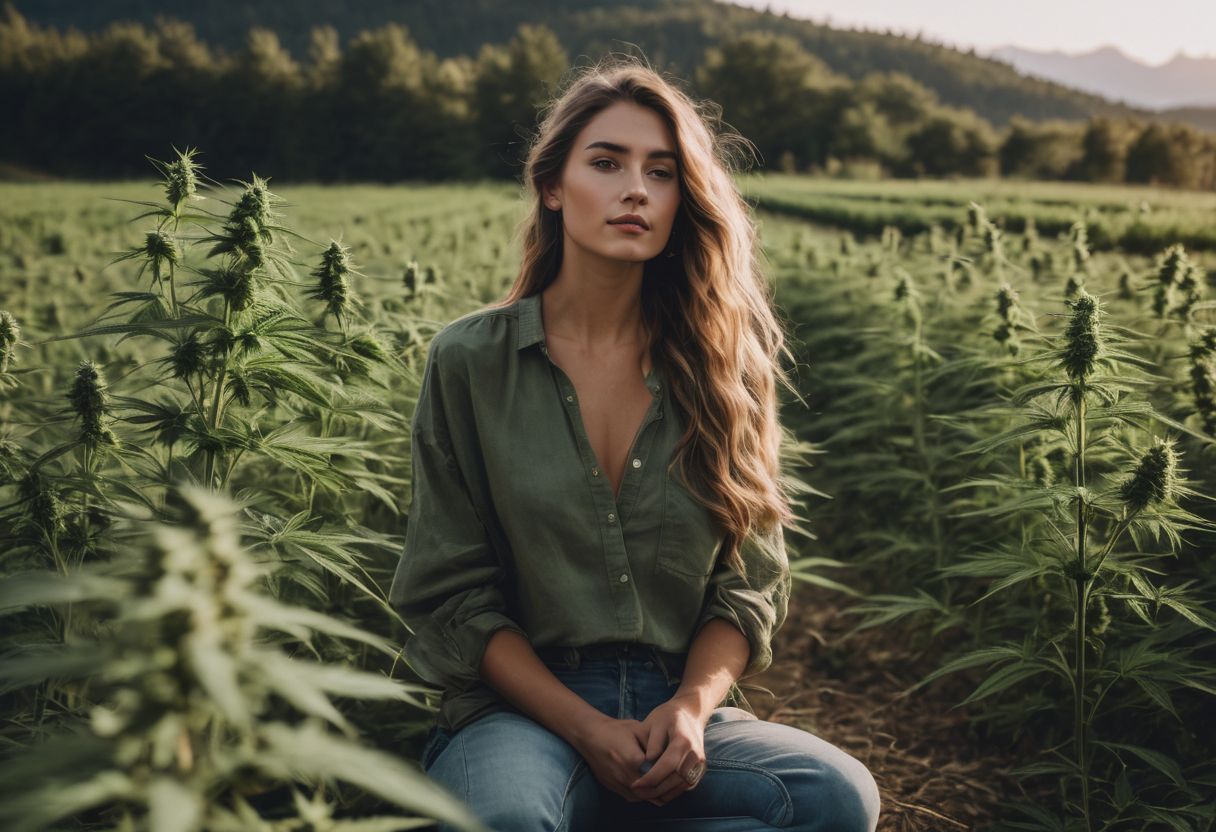 A person surrounded by hemp plants with bottles of CBD oil. A person surrounded by hemp plants with bottles of CBD oil.
