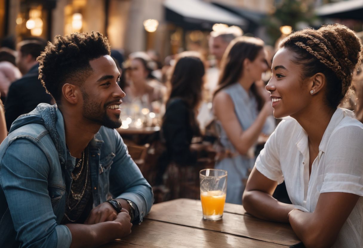 Two individuals chatting at a social gathering with city background. Two individuals chatting at a social gathering with city background.