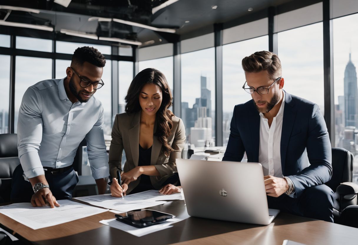A diverse group of professionals reviewing documents in a bustling office. A diverse group of professionals reviewing documents in a bustling office.