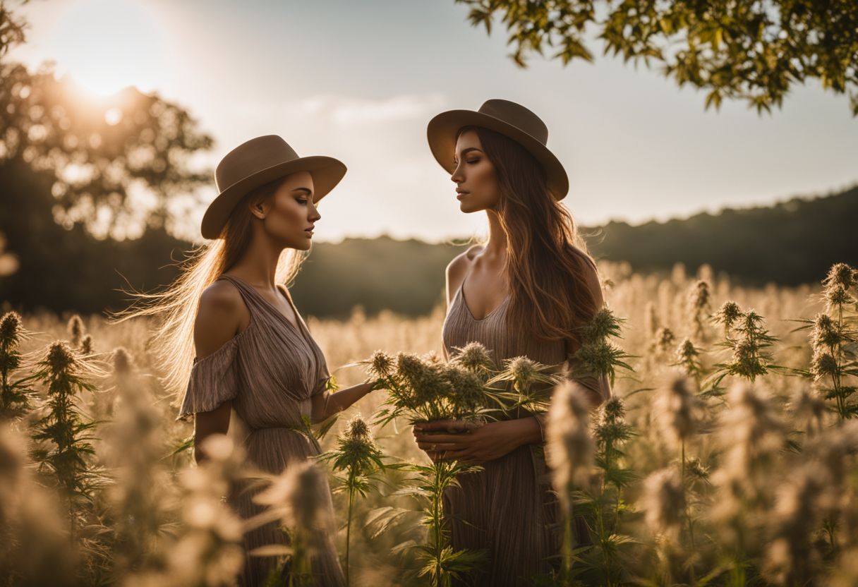 A serene field of blooming hemp plants under golden sunlight. A serene field of blooming hemp plants under golden sunlight.