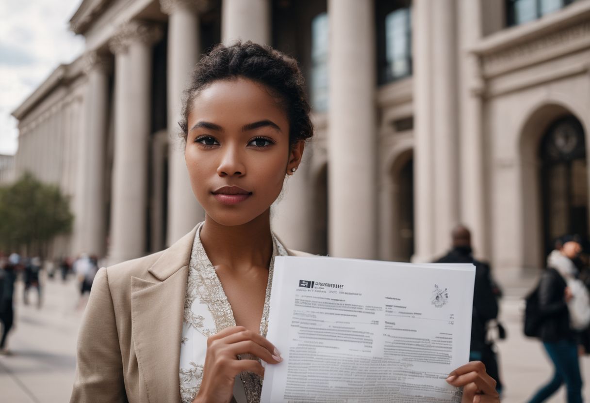 A person holding a document in front of a government building. A person holding a document in front of a government building.